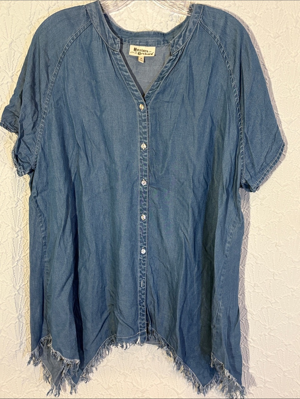 Hester & Orchard Tencel Chambray Blue Denim Button-Down Asymmetrical fringe hem